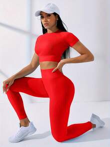 Workout Sets Outfits For Women – Yoga Leggings With Short Sleeve Crop Top, Slim Fit Tummy Control Butt Lifting Waist Shaping, Seamless Ribbed Texture, Breathable Soft Fabric, Non-Pilling, Perfect For Fall Winter Gym Yoga Running Fitness - Đỏ - Xem 2