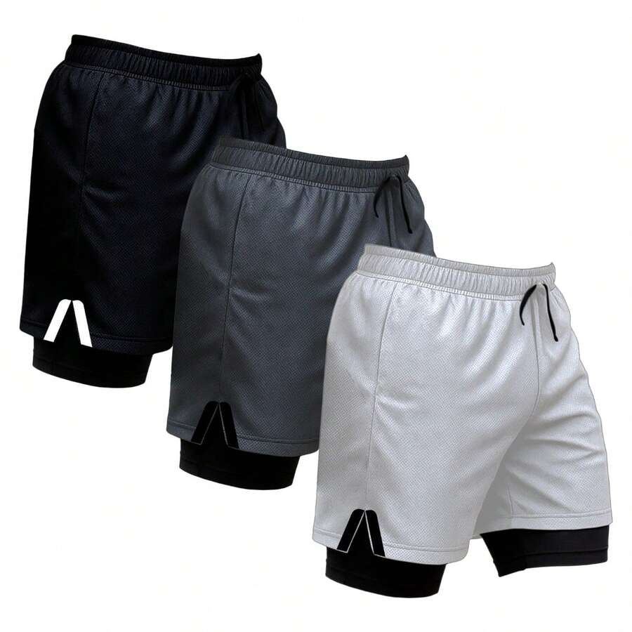 Kit Of 3 Dry Fit Thermal 2-In-1 Training Shorts With Cell Phone Pocket And Towel Holder - Fitness/Gym Shorts - 白色/黑色/灰色 - 查看 1