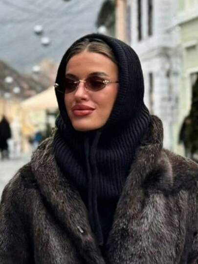 1pc Women Balaclava Hat With Drawstring Detachable Collar, Wool Blend Neck Warmer Ski Mask, Outdoor Thermal Face Cover Scarf Hood, Suitable For Winter Cold Protection, Muslim Hijab