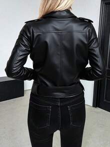 Women's Zipper Leather Jacket, Solid Color Casual Pockets Zipper Front Closure, Daily Wear - Black - View 3