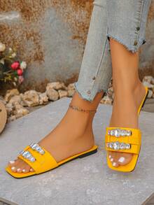 Giày sandal quai ngang đính đinh tán thời trang, mũi vuông, kiểu dáng slip-on dành cho thanh thiếu niên, mùa hè. - Màu vàng - Xem 7