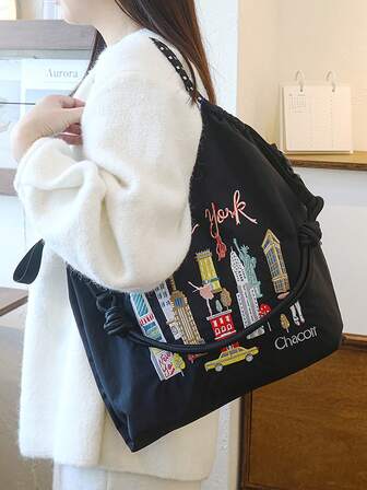 1pc Fashionable Versatile Embroidered New York City Pattern Nylon Large Capacity Lightweight Tote Bag, Adjustable Shoulder Strap For Commuting, Shopping, Party