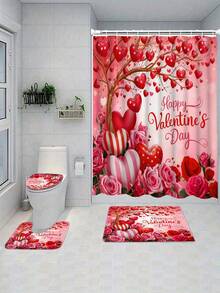 1/4pcs Valentine's Day Decor Shower Curtain Set, Heart & Rose Floral Romantic Red & Pink Washable Bathroom Curtain, Bathroom Gift With 12 Hooks Non-Slip U-Shaped Toilet Seat Cover And Bath Mat - Multicolor - View 23