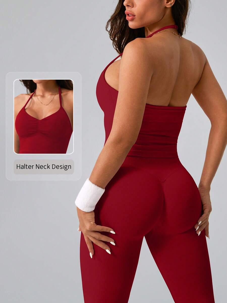 NcmRyu 1 Set Women's Solid Color Casual Minimalist Versatile Backless Shaping Jogging Tank Top And Pants Sports Suit - 紅色 - 查看 1