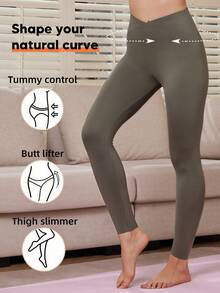 Women's Cross Yoga High Waist Sports Leggings, V-Waist Sports Outdoor Leggings, High Elasticity Cross Waist Sports Leggings, Anti Roll Hip Enhancement, Breathable Quick Drying Sports Leggings, Wide Waist Sports Leggings, Gym, Spring And Summer Seasons - 綠色 - 查看 8