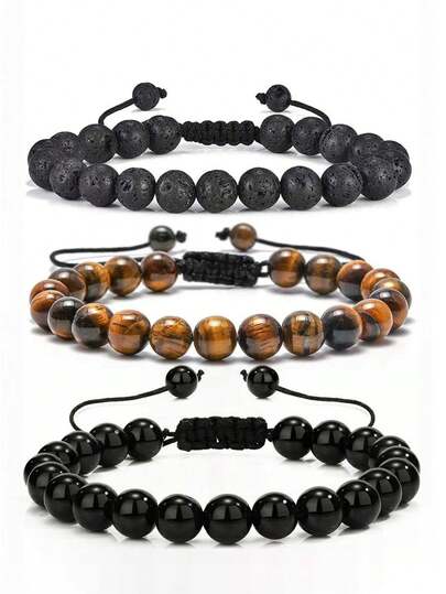 Pulsera de cuentas de piedra de ojo de tigre de 8 mm, brazalete trenzado ajustable de cuerda, ágata negra, roca de lava, joyería de moda para hombres y mujeres, yoga, equilibrio, protección, valor, enfoque