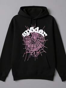 Spider Web Print Hoodies Men Gothic Punk Long Sleeve Sweatshirts Pants Streetwear Autumn Casual Hip Hop Loose Pullovers - 黑色 - 查看 1