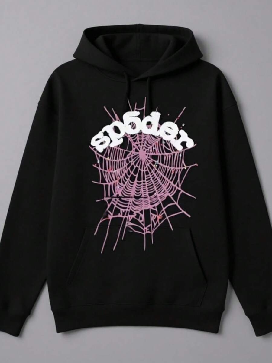 Spider Web Print Hoodies Men Gothic Punk Long Sleeve Sweatshirts Pants Streetwear Autumn Casual Hip Hop Loose Pullovers - 黑色 - 查看 1