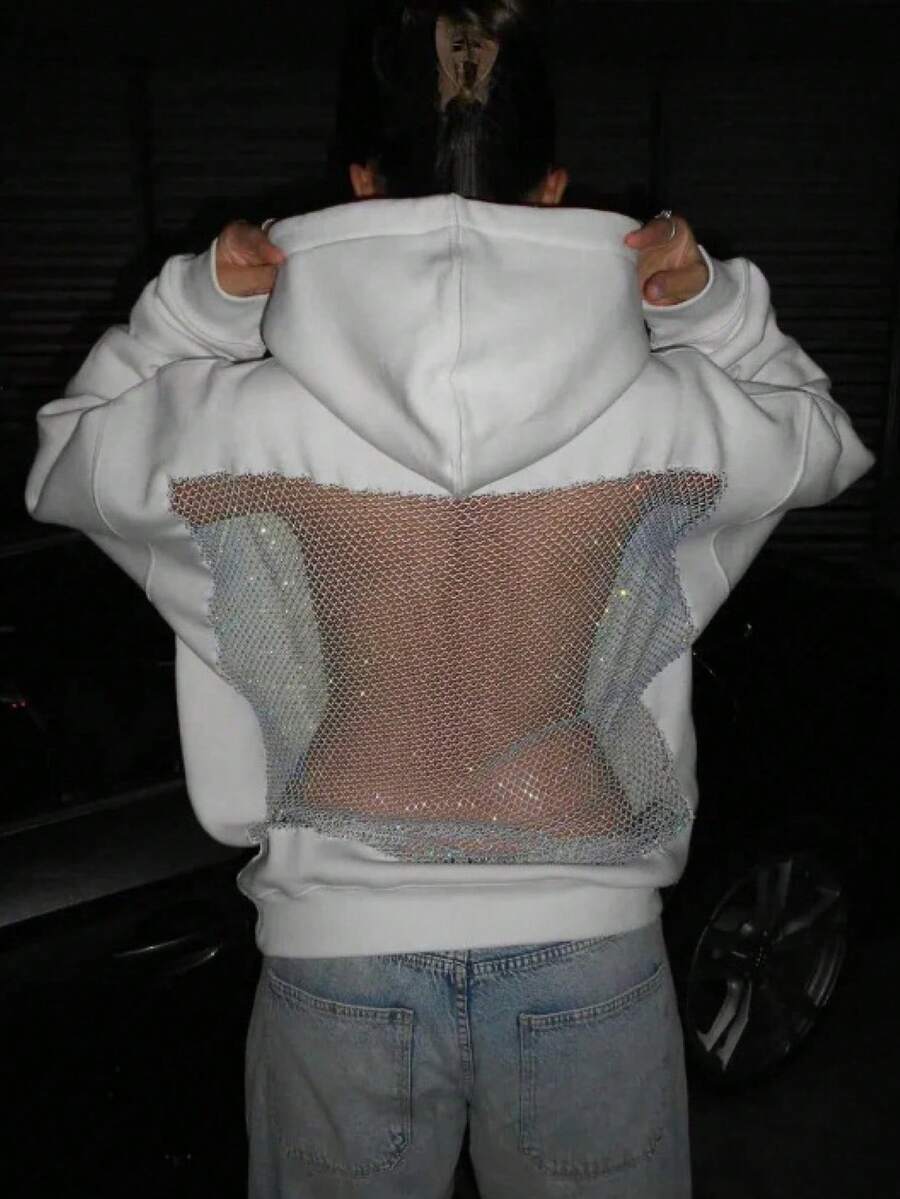 2025 Autumn-Winter New Women's Fashion Solid Color Backless Openwork Mesh Hooded Sweatshirt, Casual Fashion Long-Sleeved Sweatshirt, Christmas And Halloween Gift - White - View 1