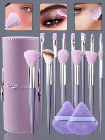 16pcs High-Quality Purple Makeup Brush Set Including Foundation Brush, Powder Brush, Eye Shadow Brush, Concealer Brush, Flocked Triangular Powder Puff, Minimalist Round Storage Bucket
