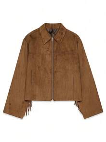 Women's Fashion Faux Suede Short Jacket With Fringe, Suitable For Commuting And Dating - Brown - View 7