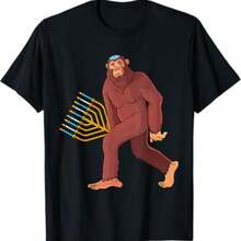 Funny Hanukkahs Jewishs Bigfoot Sasquatch Menorah Kippahs Men T-Shirt - 黑色 - 查看 1