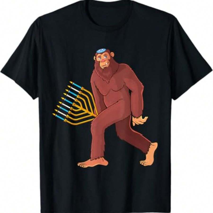 Funny Hanukkahs Jewishs Bigfoot Sasquatch Menorah Kippahs Men T-Shirt - 黑色 - 查看 1