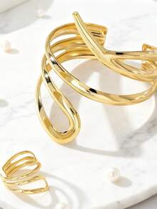 1 Set Minimalist Geometric Open Bangle Bracelet Set, Elegant & Fashionable For Women - Yellow Gold - View 3