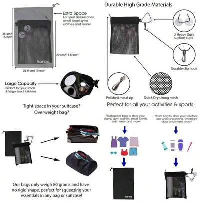 Waterproof Multifunctional Toiletry Shower Bag Gym, Travel, Business and Foldable Portable Hanging Bathroom Mesh Caddy with Wet Dry Storage Suction Hook Tote Men Women