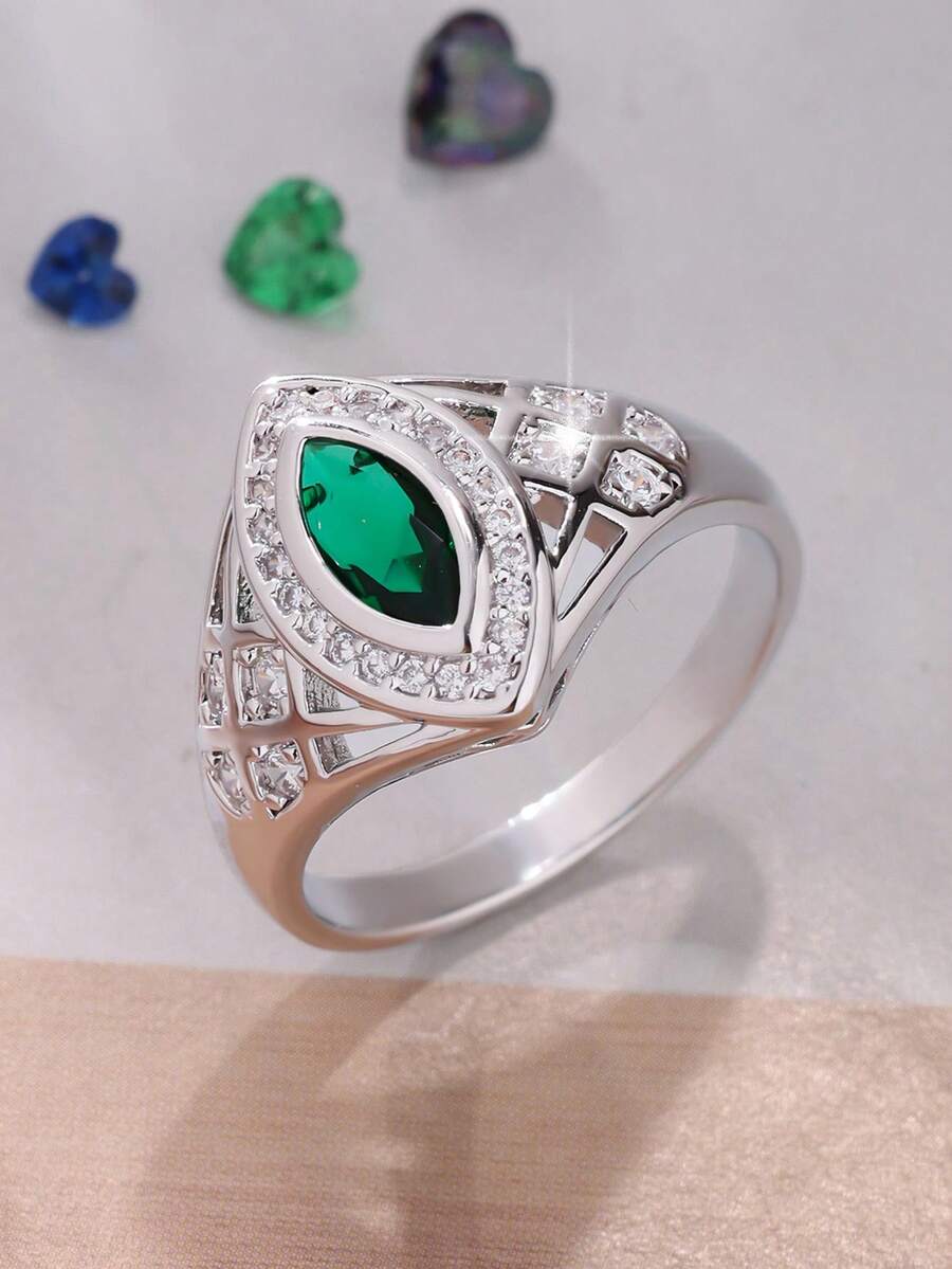 1pc Shiny Cubic Zirconia Horse Eye Shaped Women's Ring, Fashionable Luxury Elegant Classic Minimalist, Ideal Gift For Valentine's Day, Party, Wedding - Green - View 1
