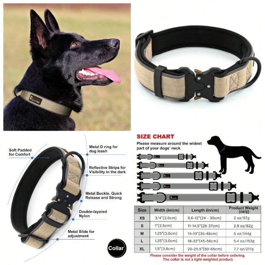 - Collar tctico para Perros, Reflectante, Ajustable, Resistente, Acolchado Suave y cmodo, para Perros pequeos, medianos y Grandes Beige, XL - Beis - Ver 1