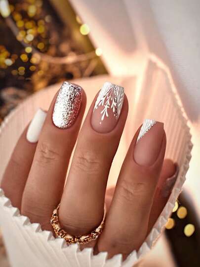 Christmas Nails, 24 Pieces Per Set Square-Shaped Christmas Designs Featuring Adorable Gingerbread Men, Gingerbread Snow Houses And Fairy Lights Press-On Medium-Length Nails Suitable For Sassy Girls, Office Ladies, Parties, Dates, Everyday Wear And Festive Occasions Nail Supplies