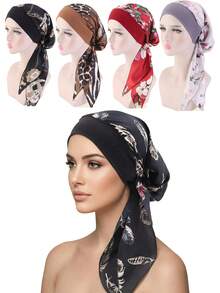 女士弹力宽边仿丝头巾帽，睡帽，女士海盗帽，护发帽，适合日常使用，随机花朵图案 - 彩色 - 查看 10