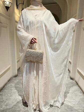 2pcs Set Elegant Luxury Pearl & Rhinestone Starry Sky Abaya Robe, Solid Color Round Neck Robe With Belt, Charming For Party & Gathering