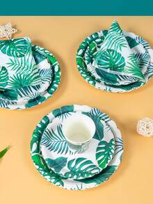 1 Set Tropical Greenery Disposable Plates, Napkins, Cups, Tablecloth And Flags, Plant Themed Disposable Party Supplies Set, Serves 25 Guests, Suitable For Birthday, Wedding, Theme Party, Family Picnic - Multicolor - View 4