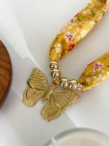 Monlansher New Original Design Women's Pendant Necklace, Stainless Steel Butterfly Pendant With Yellow Printed Fabric Choker, Fashionable Exaggerated Elegant Casual Vacation Versatile Pendant Necklace For Women - Gold - View 4