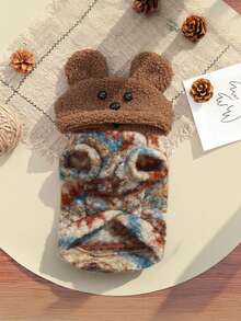 Pet Exclusive Bear Head Patchwork Vest, Contrast Fluffy Texture + 3D Bear Face Design, Warm Fleece For Small Dogs & Cats, Suitable For Winter Holiday Wear - Brown - View 8