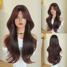 7JHH WIGS 高品质26英寸长波浪卷发酒红色挑染假发 - 优雅蓬松合成波浪卷刘海假发 - 初学者无胶耐热纤维全机织假发，适合女性日常佩戴、派对、街头角色扮演等场合 - 挑染紅色 - 查看 8