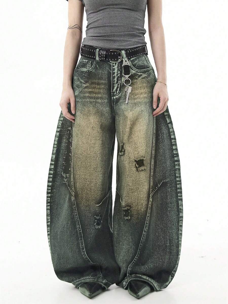 1件复古做旧宽松筒状牛仔裤，男士休闲街头风阔腿裤（不含腰带或配饰） - 藍色 - 查看 1