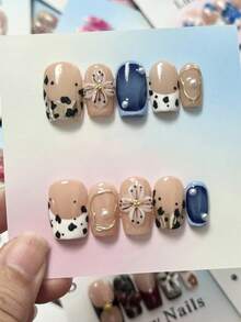 10片豹纹短方形法式美甲Y2K时尚手工雕刻甲片，蓝色扎染金属金色简约百搭按压式美甲贴片 - 彩色 - 查看 1