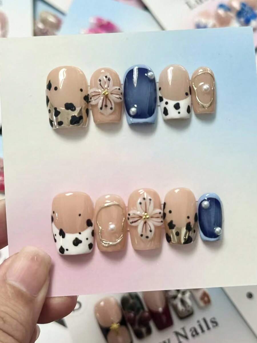 10片豹纹短方形法式美甲Y2K时尚手工雕刻甲片，蓝色扎染金属金色简约百搭按压式美甲贴片 - 彩色 - 查看 1
