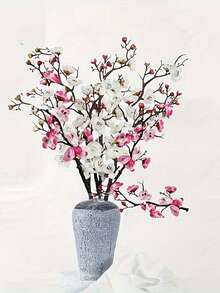 4支人造白色粉色梅花枝条，长茎塑料花心花瓶插花，适用于DIY花墙场景布置、冬季装饰、情人节礼物，适合婚礼、派对、厨房、办公室、家居装饰