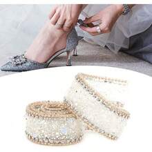 Cadena de Strass con Adhesivoérmico, Cinta de Cristales 2.5cm x 50cm para Manualidades, Vestidos Novia, Bisutería y Decoración, Color Dorado con Cuentas y Piedras Blancas - #01 - Ver 3