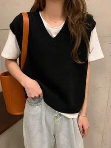 Chaleco de punto con cuello en V de color liso para mujer, adecuado para ocasiones cotidianas. - Negro - Ver 6