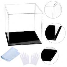 Gablota akrylowa, zmontowany pionowy stojak ekspozycyjny z czarną podstawą, pyłoszczelna gablota ekspozycyjna, odpowiednia do przedmiotów kolekcjonerskich, pamiątek, figurek itp. Pełnowymiarowe pudełko ekspozycyjne na lalki w stylu rękawiczek, materiał akrylowy, pudełko kolekcjonerskie, łatwe w montażu, odporne na zanieczyszczenia, w zestawie rękawiczki, ściereczka do czyszczenia, pudełko akrylowe, instrukcje dotyczące pielęgnacji, instrukcja obsługi