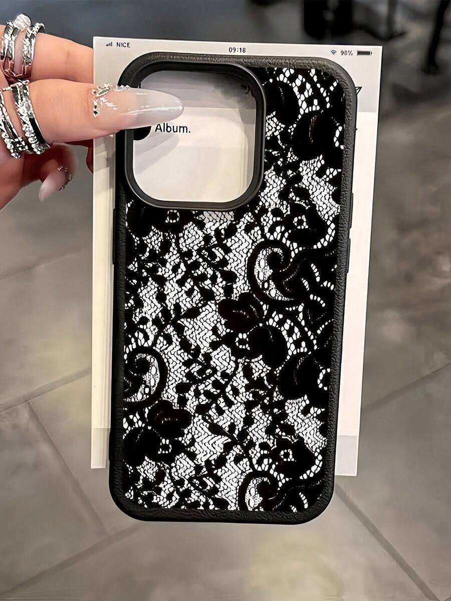 1pc Black Lace Flower Textured Matte Anti-Fall TPU Fashionable Phone Protective Case Compatible With IPhone 16, 15, 14, 13, 12, 11, 17 Pro Max