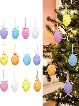 12 st - flerfärgade prickiga påskäggshängande ornament, spräckliga påskägg med hängande öglor, hängande påskäggsdekoration ornament dekor, påskdekorationer för hemmakontor, festtillbehör, presenter, dekorativa ägg för utomhusbruk eller som bordsdekoration