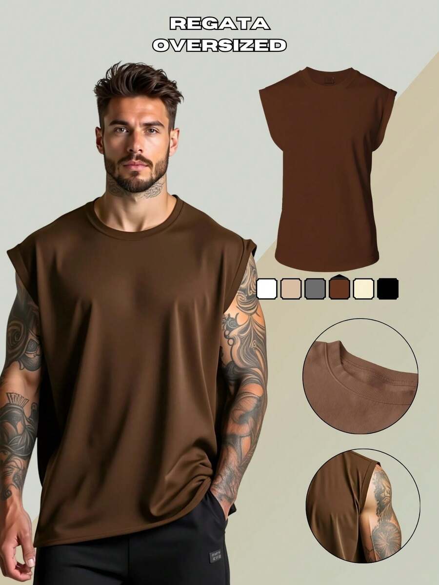 Men's Macho Tank Top, Low-Cut Bodybuilder Style, Workout Gym, 100% Premium Cotton - Rỉ Nâu - Xem 1
