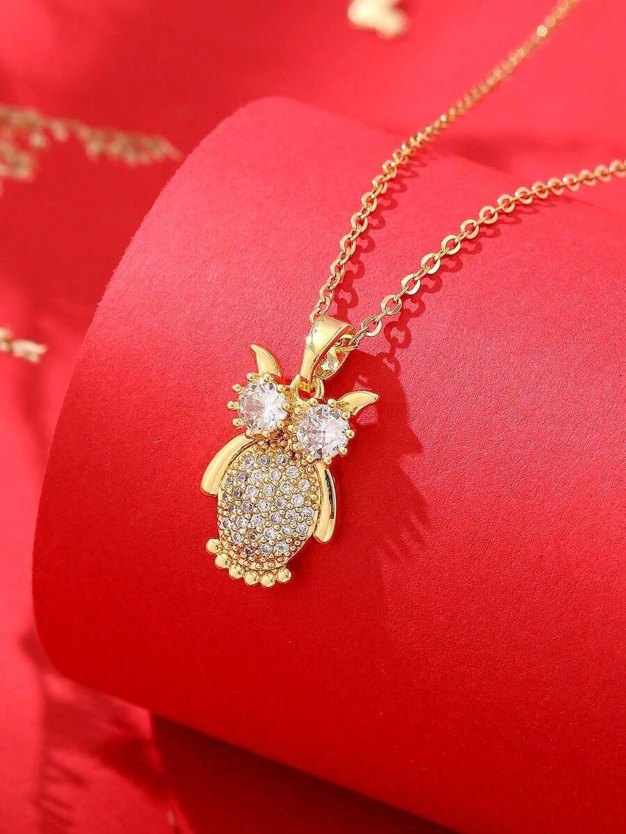 1pc Stainless Steel Owl Pendant Necklace, Creative Design, Minimalist, Elegant, Vintage, Sweet, Romantic, Classic, Fashion, Casual, Suitable For Valentine's Day, Ramadan, Holidays, Daily Wear, Party, Gift (OPP Bag Packaging) - Yellow Gold - View 1