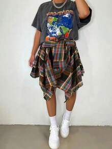 Women's Spring Half Mini Skirt With Elastic Waist And Asymmetric Hem In Color Check Pattern - Multicolor - View 2