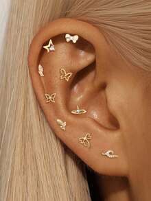 1Pc 925 Sterling Silver Elegant And Stylish Bow Cubic Zirconia Stud Earring Flat Back Cartilage Helix Piercing Fine Jewelry Suitable For Women'S Daily Wear Parties, And Wedding Occasions - Gold - View 12