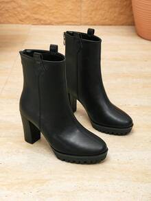 Women's Fashion Round Toe Chunky Heel Boots, European Style Round Toe High Heel Boots, Women's High Heel Boots, Winter Boots, High Heel Slim Heel Slip-On Women's Elegant Black Round Toe Slim Heel High Heel Shoes For Party, Holiday, Wedding, Women's Nude Ankle Boots, Versatile, Wedding, Black Ankle Boots - Black - View 8
