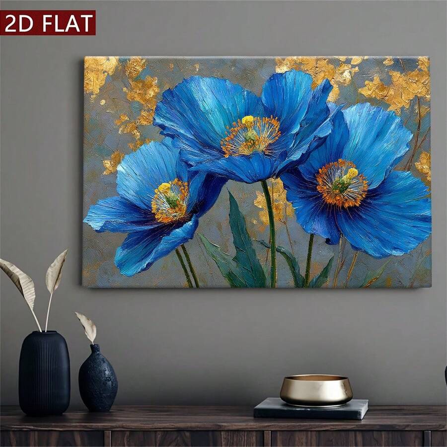 2D Flat, 1pc Blue Poppy Flowers Oil Painting On Canvas - Hand-Painted Textured Look With Golden Accent Dark Green & Blue Hues, Wooden Framed Wall Art For Living Room, Bedroom, Office Decor - Winter/Autumn Seasonal Home Decoration, Ready-To-Hang (No Electricity Needed) - Elegant Blue Floral Wall Hanging For Modern & Traditional Interiors, Wall Paintings For Living Room - 彩色 - 查看 1