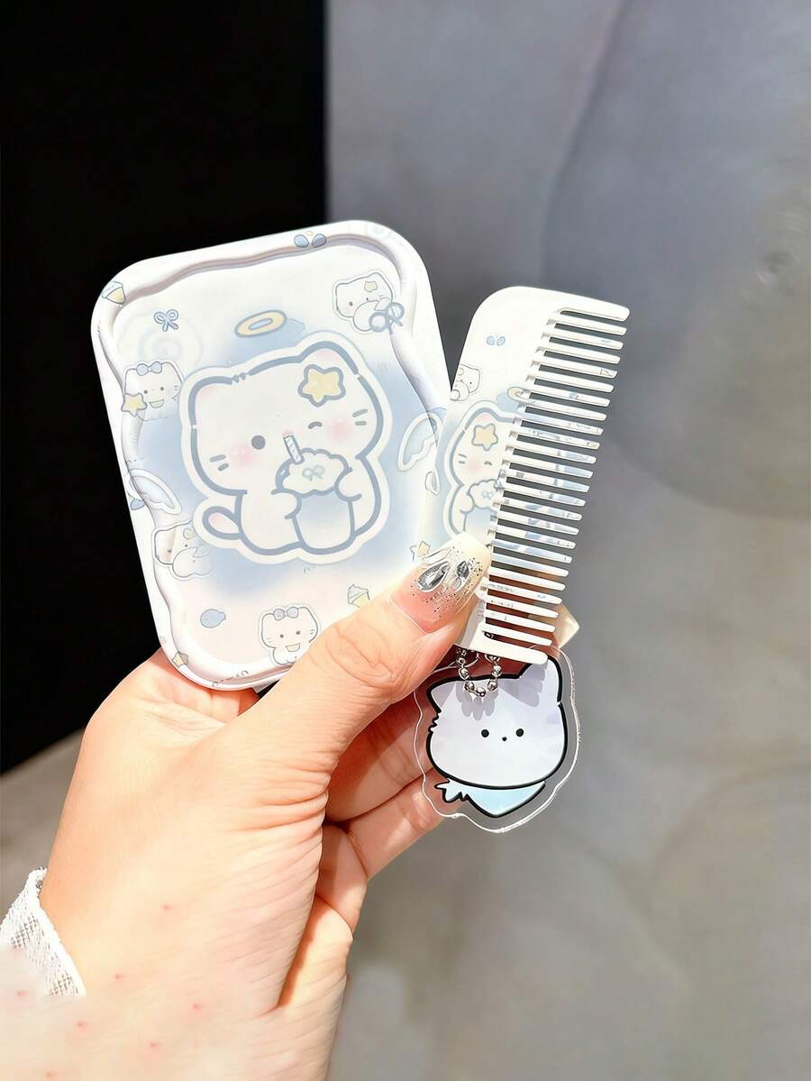 可爱迷你小猫造型化妆镜带梳子,二合一便携化妆镜,适合学生、赠品、旅行、平价好物、旅行必备 - 彩色 - 查看 1