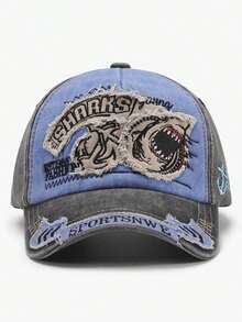 1pc Men's New Washed Shark Embroidery Outdoor Sports Baseball Cap, Street Style Large Circumference - 深藍色 - 查看 6