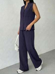 A&DD MODA,REF:Y287 - Women's Solid Color Two-Piece Set, Consisting Of A Sleeveless Vest And Loose-Fitting Trousers, With Upper Body Pockets And Elastic Waistband, Suitable For Daily Outings - 藏蓝色 - 查看 5