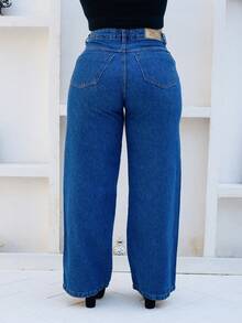 Women's Wide Leg Jeans, 100% Denim, Wide Leg, Pockets, Zipper, Button, Office, School - 深色水洗藍 - 查看 2