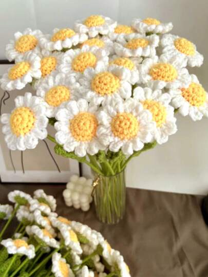 10pcs Handmade Crochet Daisy Bouquet, Multipurpose Home/Car/Office Decor, Showcase Charming Personalized, Holiday/Seasonal Decoration, Suitable For Valentine's Day, Teacher's Day, Mother's Day, Thanksgiving, Wedding, Birthday As Gifts - Made Of Polyester, No Electricity Required