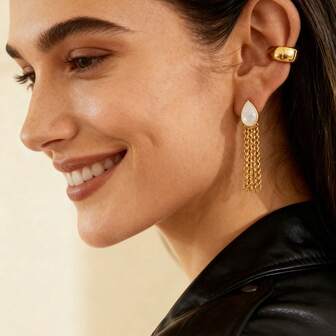 S SHOPBOHO 1 par de pendientes de eslabón cubano de acero inoxidable premium con diamante en forma de pera, regalo precioso para ella, joyería ligera para uso diario