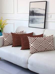 4pcs Decorative Pillow Covers, Geometric Pattern, 100% Hypoallergenic Polyester Fiber Cushion Covers, Vintage Linen Material, Hidden Zipper, Machine Washable, Minimalist Modern Line Design, Zippered Closure, Home Decor Throw Pillow Covers For Sofa, Living Room, Bedroom, No Pillow Insert - Maroon - View 5